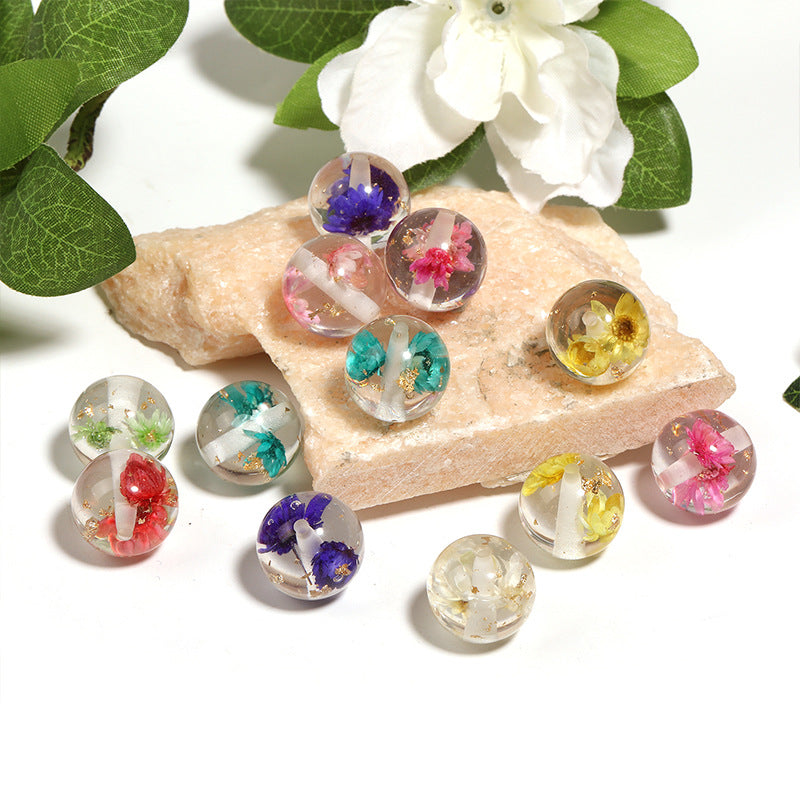 Wholesale 50pcs natural dried flower resin round beads transparent gold foil beaded diy mobile phone chain key chain accessories beads loose beads